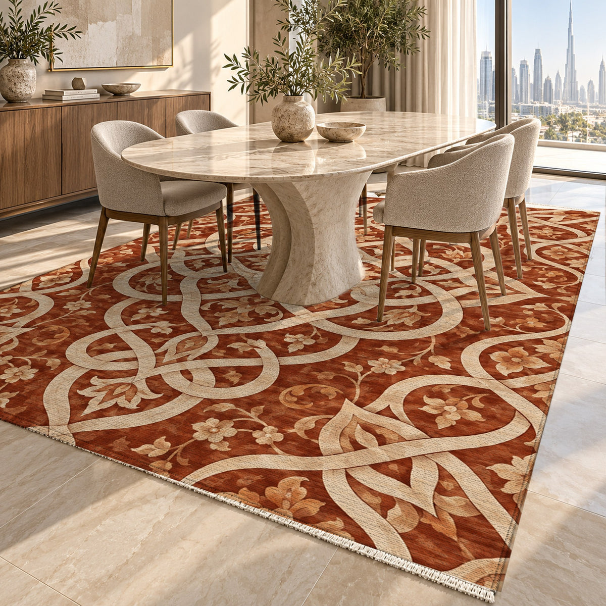 Silken Knots Terracotta Ethnic Washable Rug — dubai dining