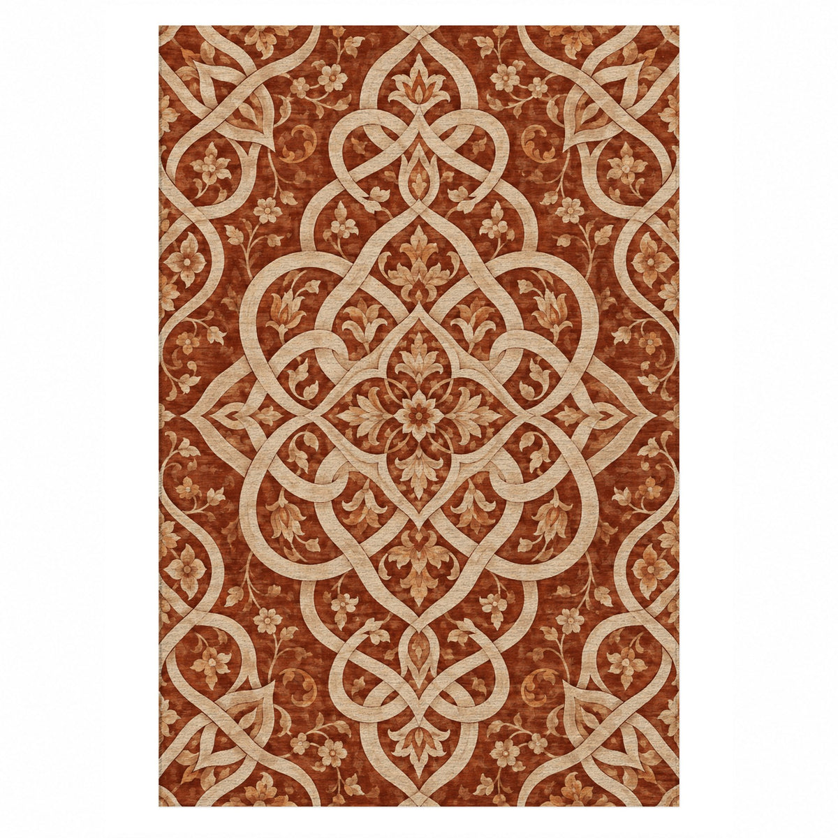 Silken Knots Terracotta Ethnic Washable Rug — top view