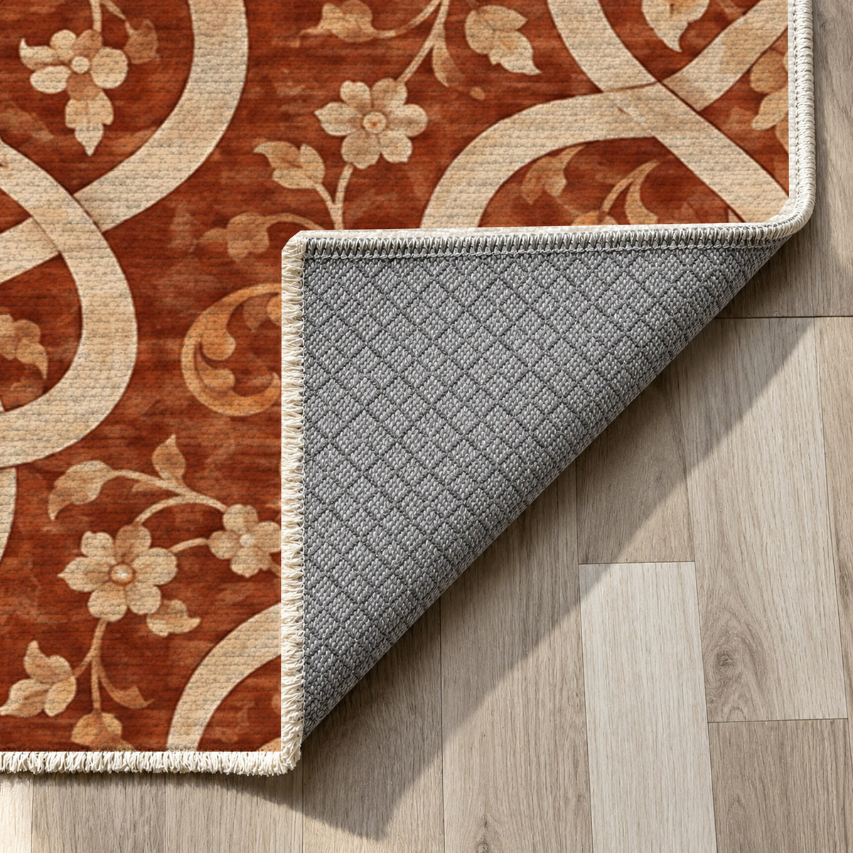 Silken Knots Terracotta Ethnic Washable Rug — backing close up