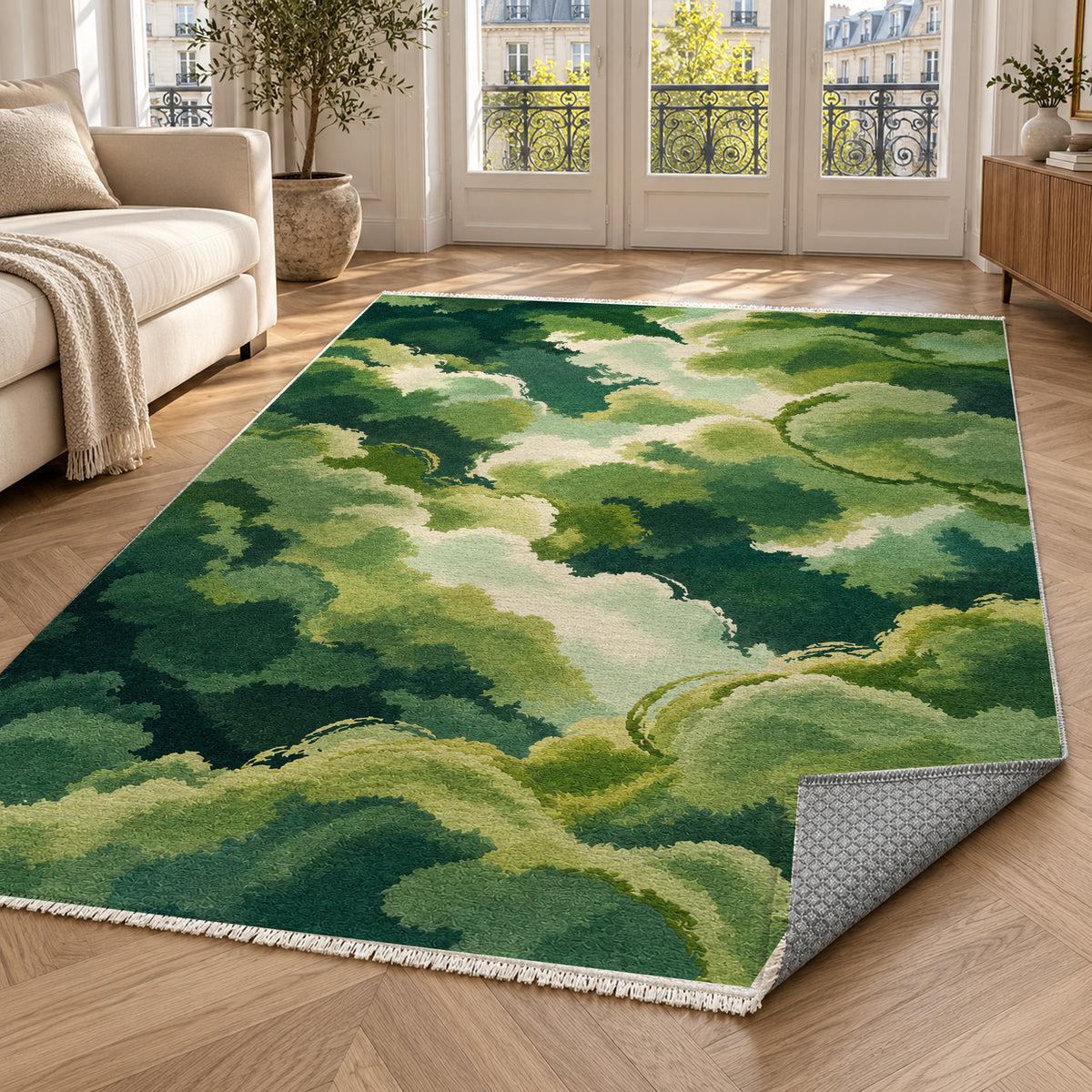 Sky Cloud Green Forest Abstract Washable Rug — paris living