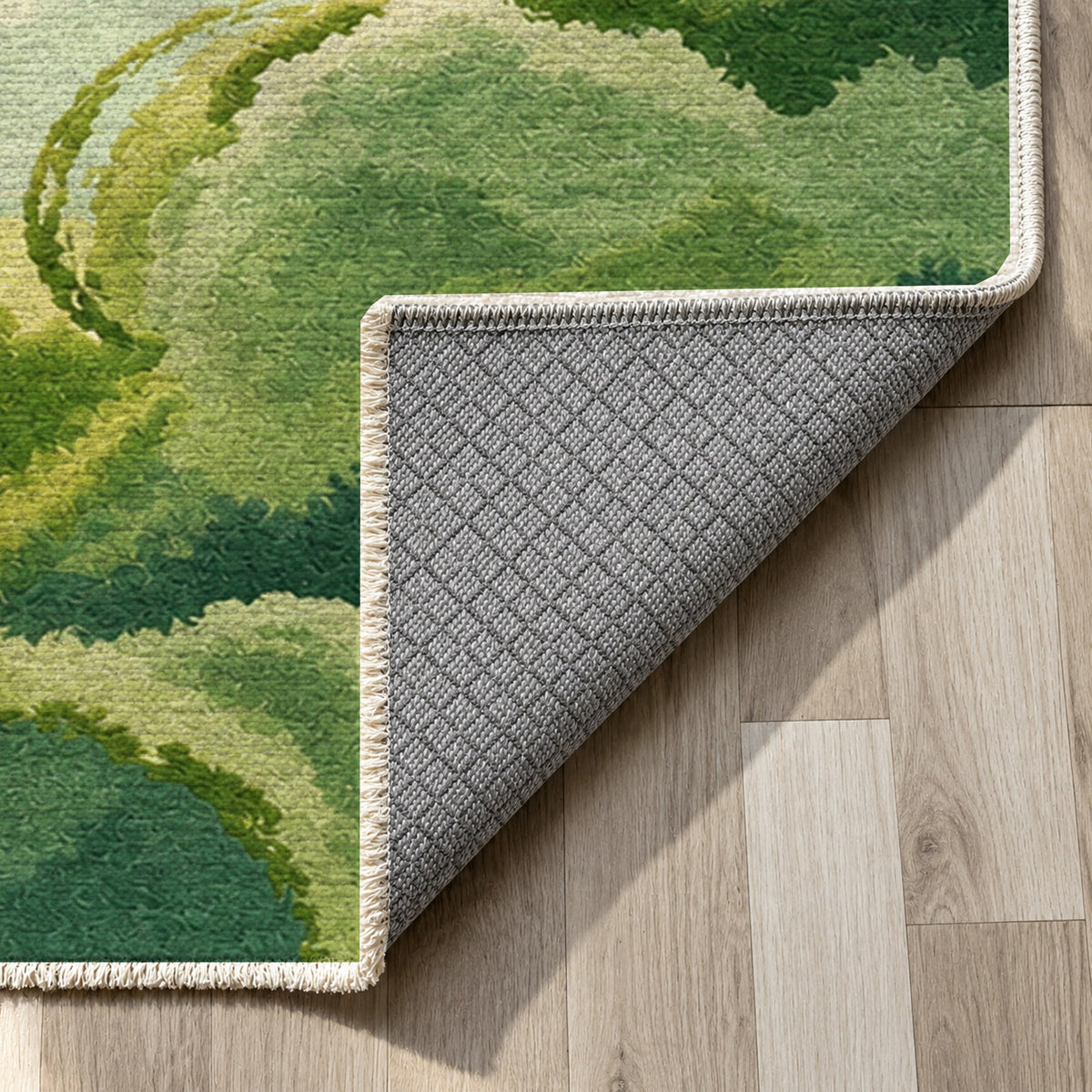 Sky Cloud Green Forest Abstract Washable Rug — backing close up