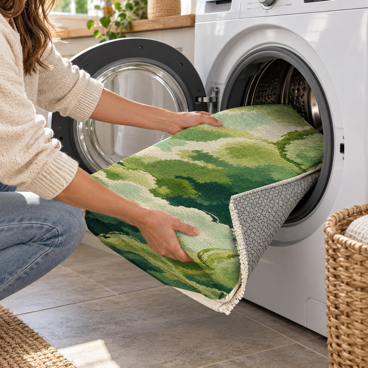 Sky Cloud Green Forest Abstract Washable Rug — washing machine