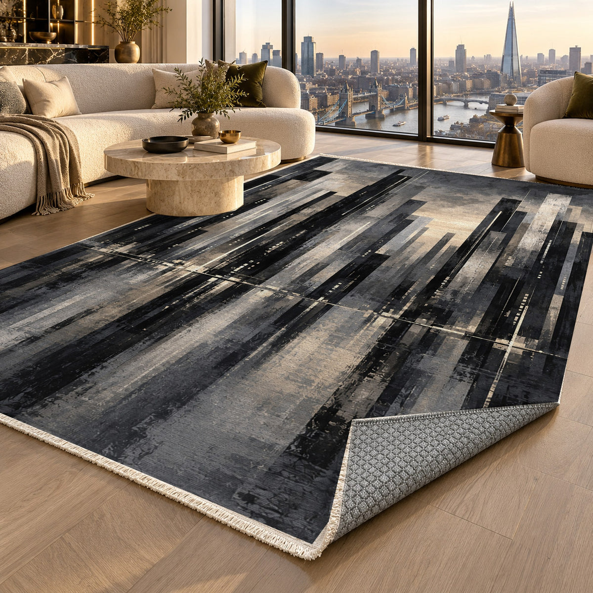 Skyline Fragments Charcoal Modern Washable Rug — london luxury living