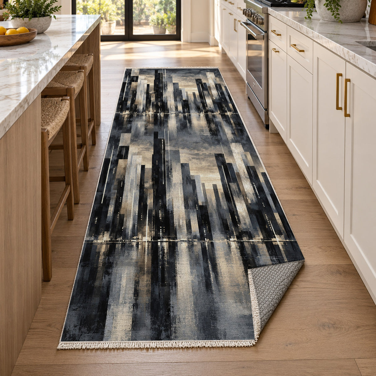 Skyline Fragments Charcoal Modern Washable Rug — new york kitchen runner