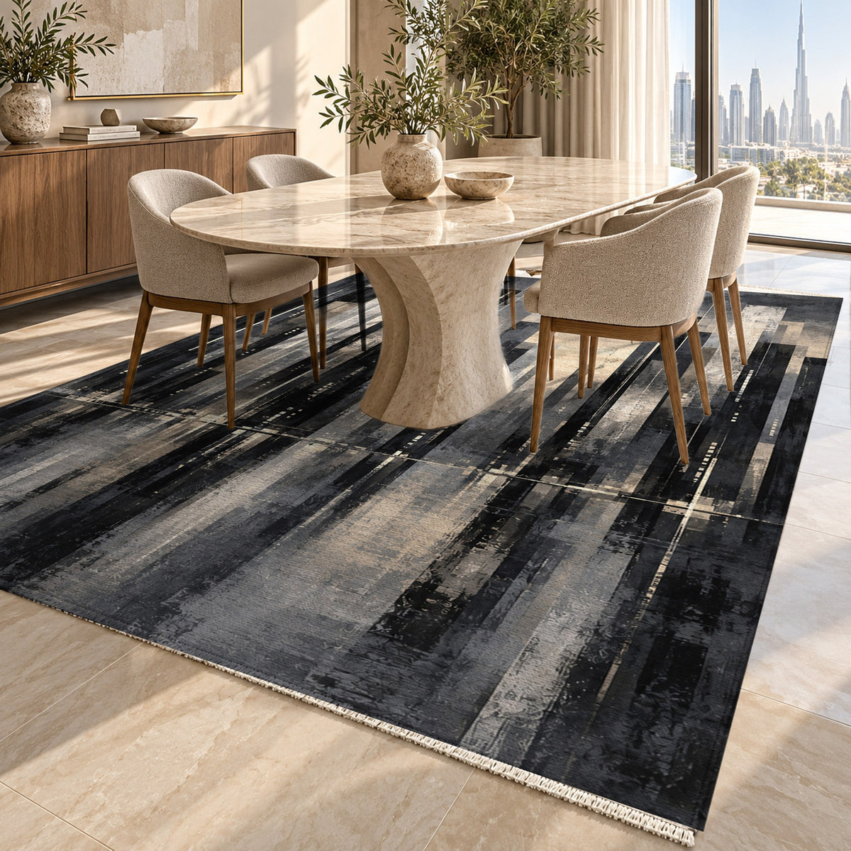 Skyline Fragments Charcoal Modern Washable Rug — dubai dining
