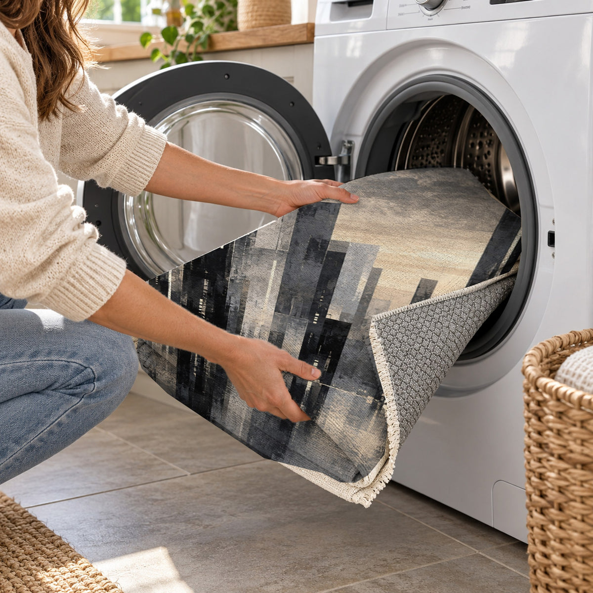 Skyline Fragments Charcoal Modern Washable Rug — washing machine