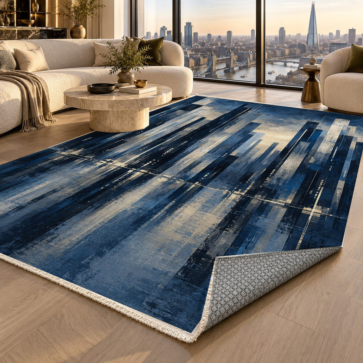 Skyline Fragments Indigo Modern Washable Rug — london luxury living