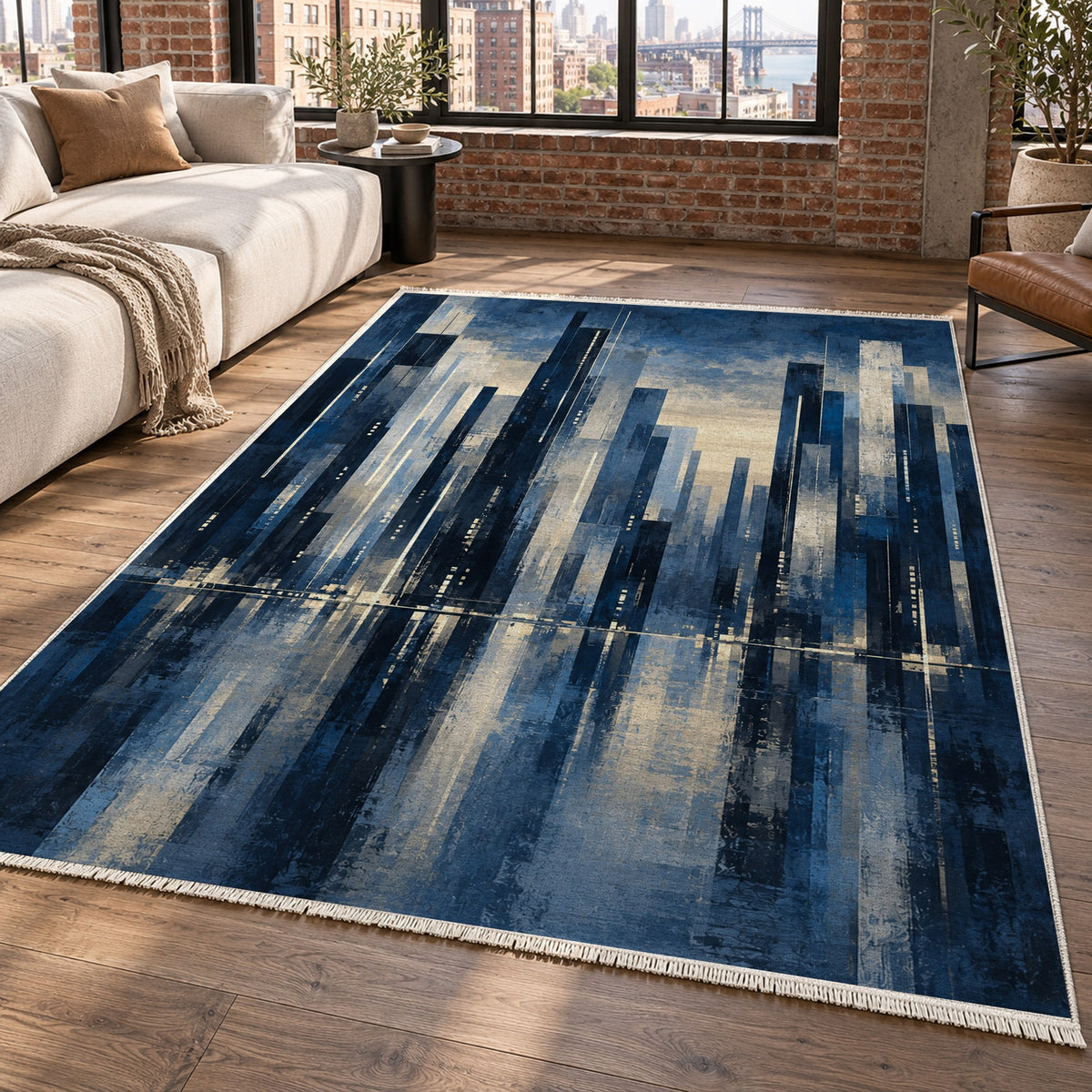 Skyline Fragments Indigo Modern Washable Rug — new york living