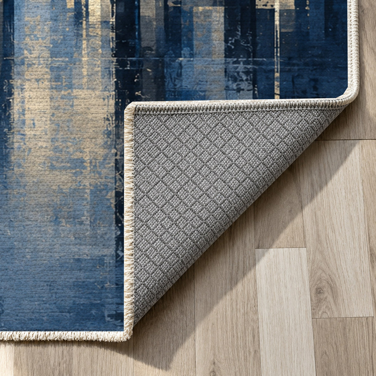 Skyline Fragments Indigo Modern Washable Rug — backing close up