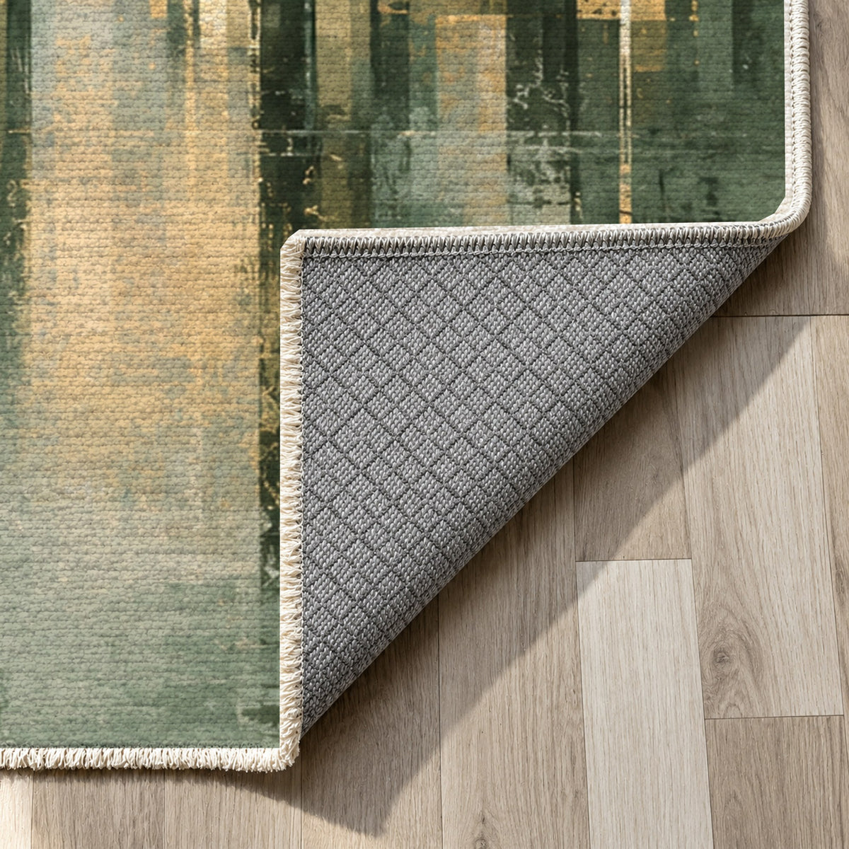 Skyline Fragments Sage Modern Washable Rug — backing close up