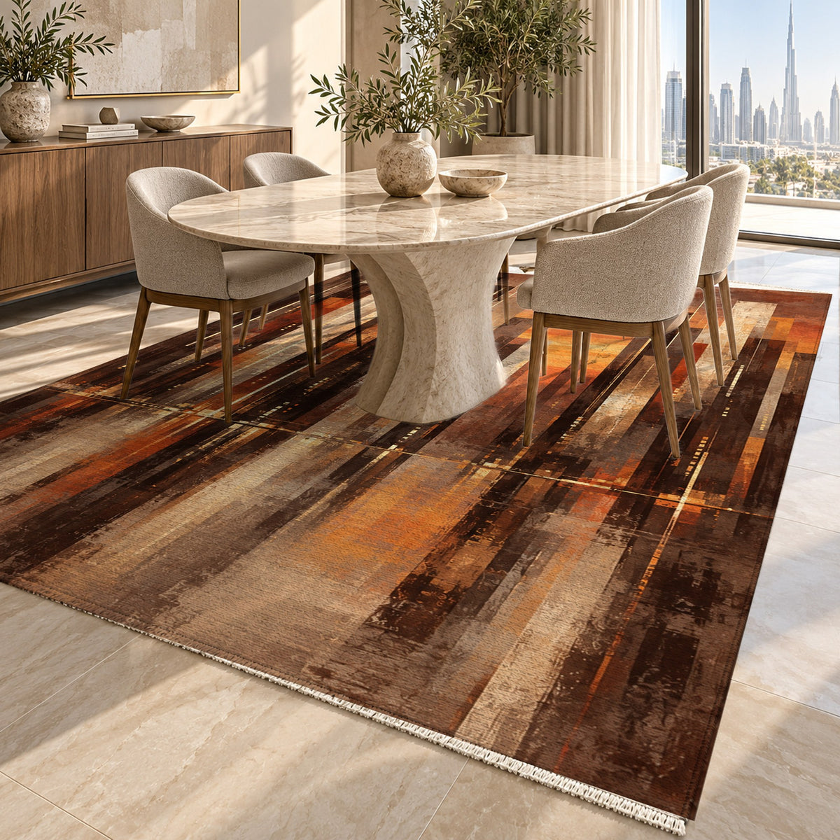 Skyline Fragments Terracotta Modern Washable Rug — dubai dining