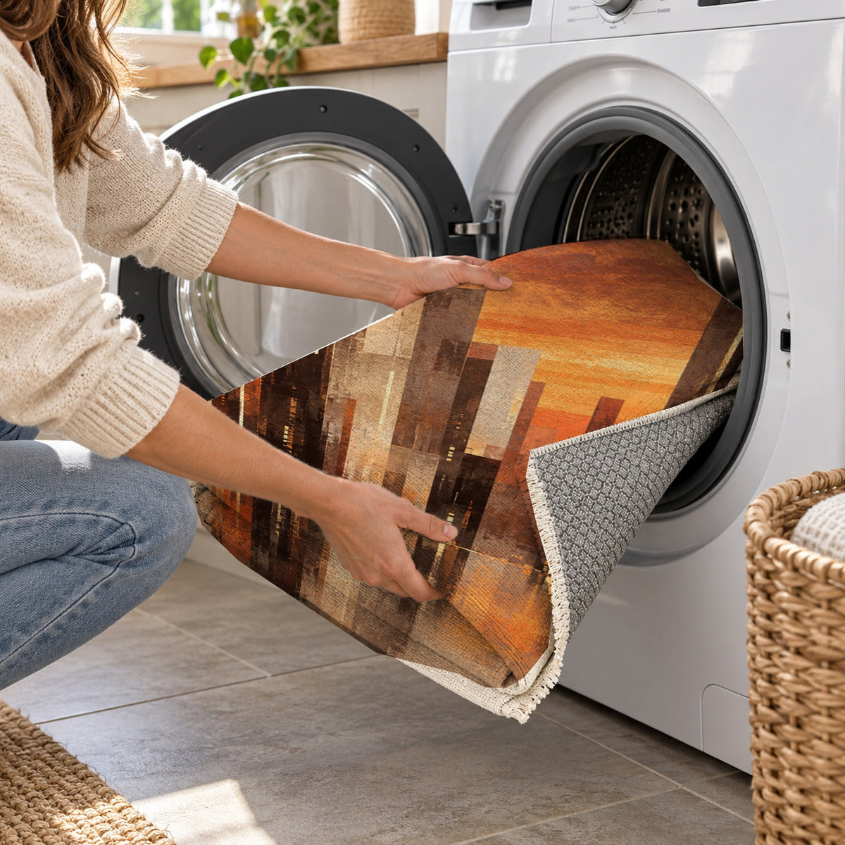 Skyline Fragments Terracotta Modern Washable Rug — washing machine