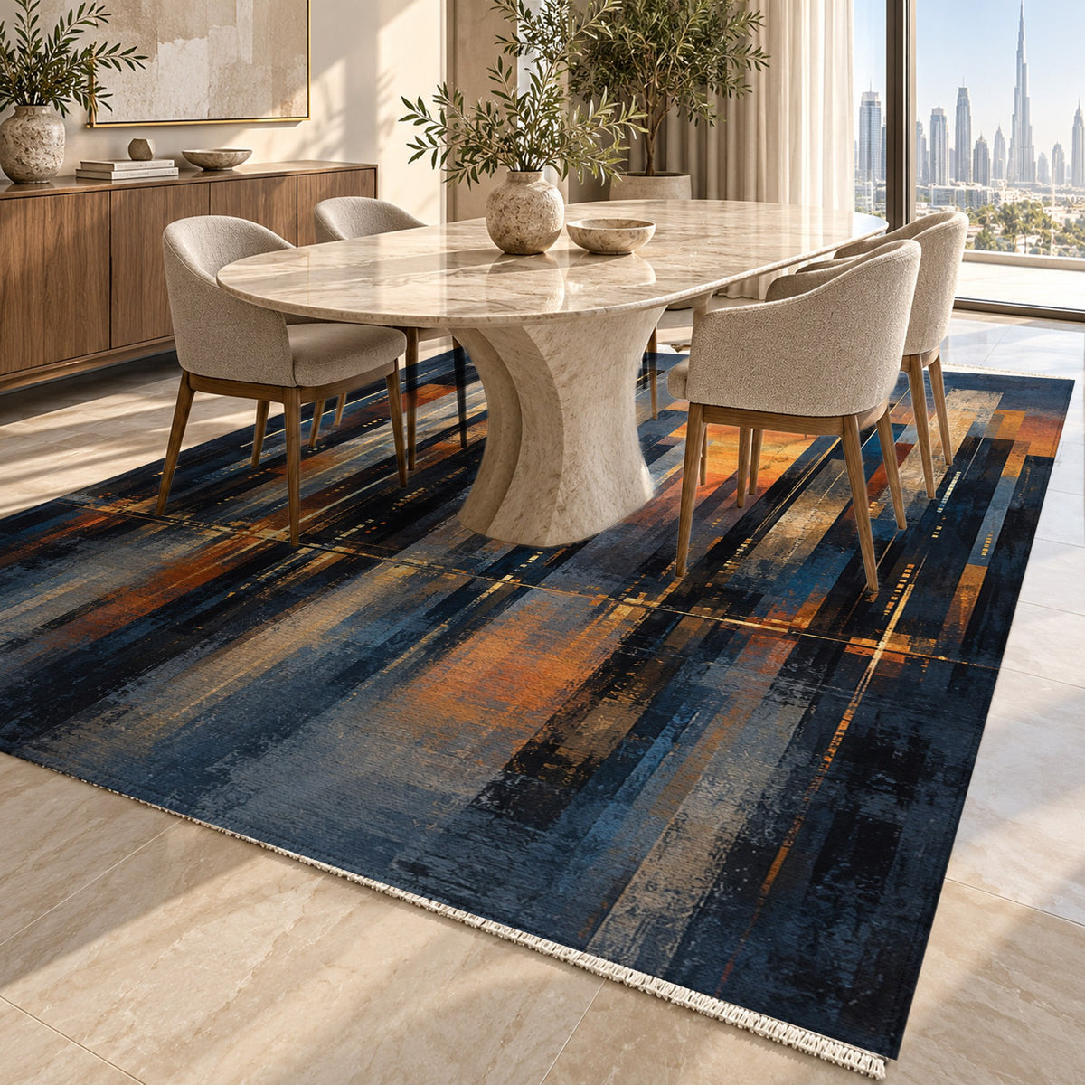 Skyline Fragments Modern Washable Rug — dubai dining