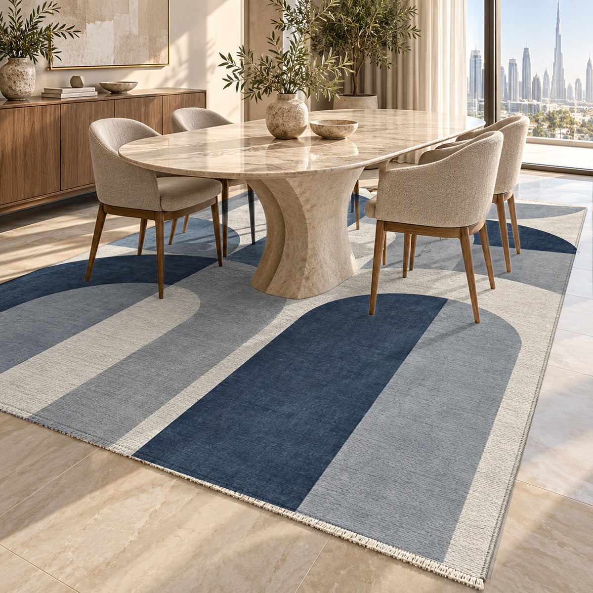 Soft Arches Blue Grey Modern Washable Rug — dubai dining