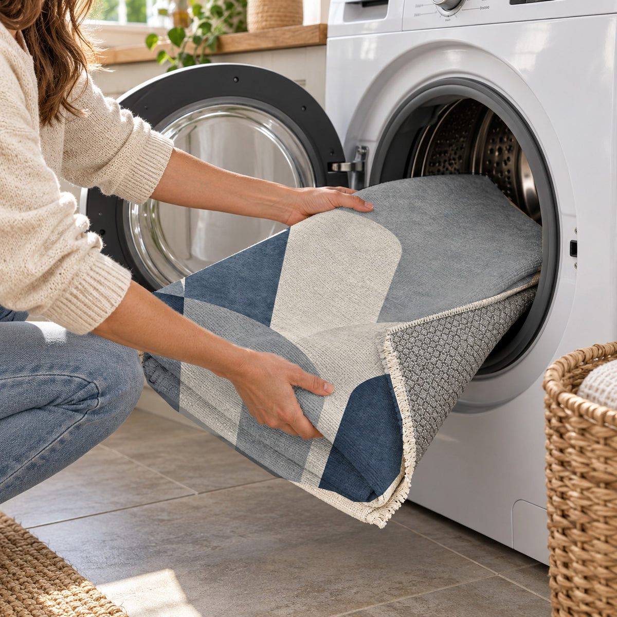 Soft Arches Blue Grey Modern Washable Rug — washing machine