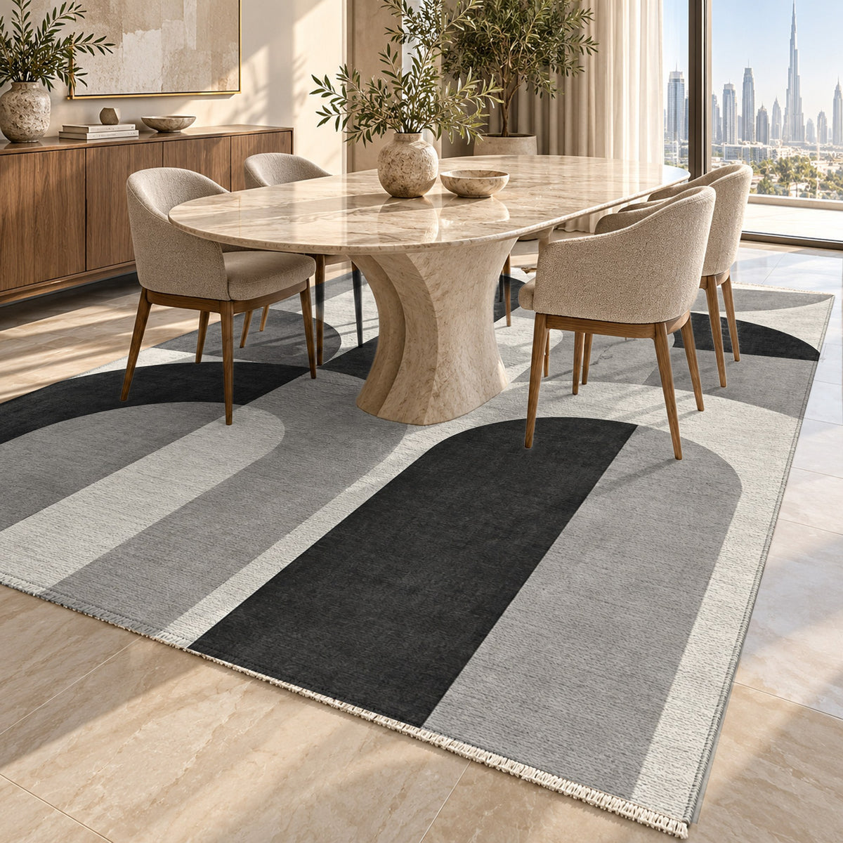 Soft Arches Charcoal Ivory Modern Washable Rug — dubai dining