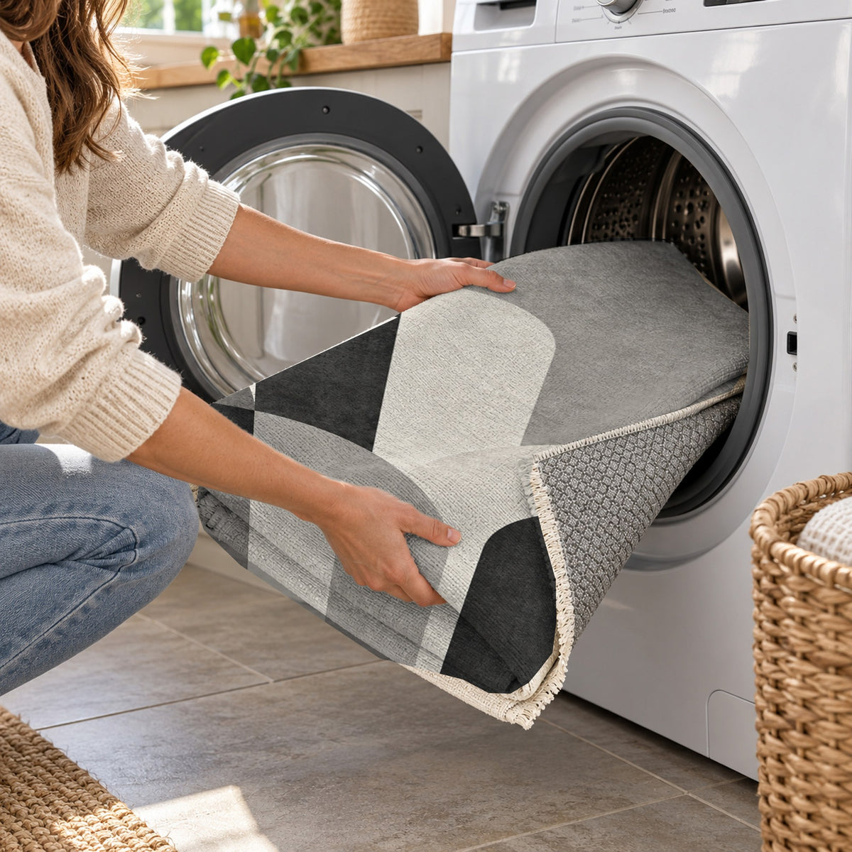 Soft Arches Charcoal Ivory Modern Washable Rug — washing machine