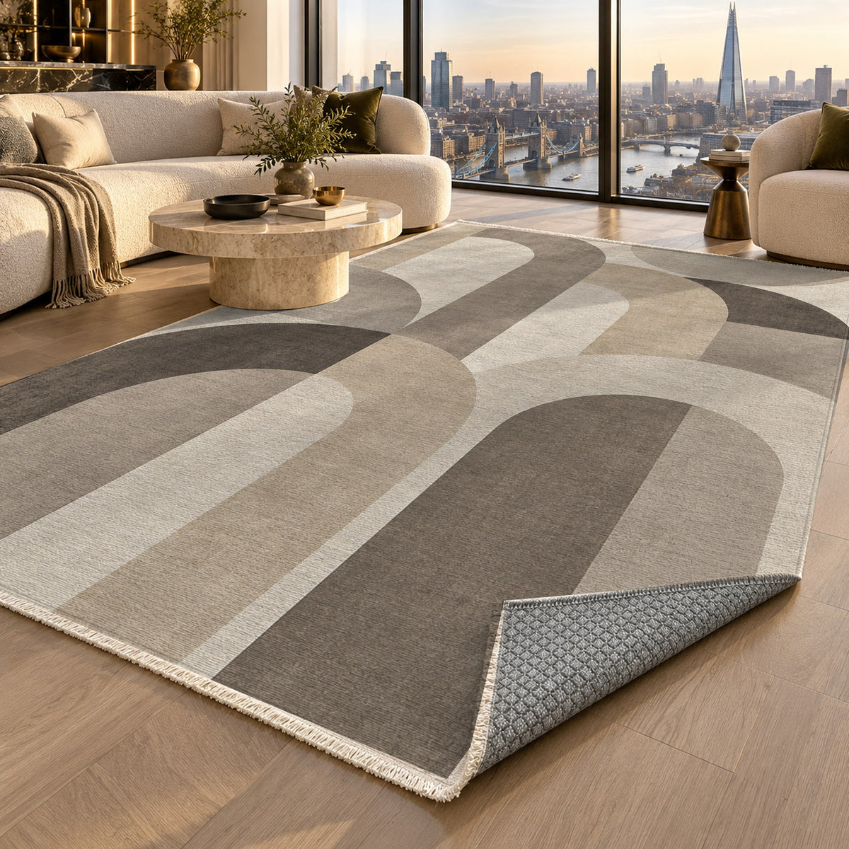 Soft Arches Ivory Taupe Modern Washable Rug — london luxury living