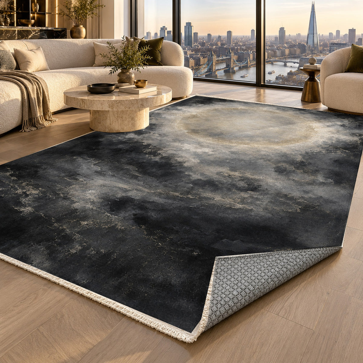 Solar Halo Charcoal Abstract Washable Rug — london luxury living