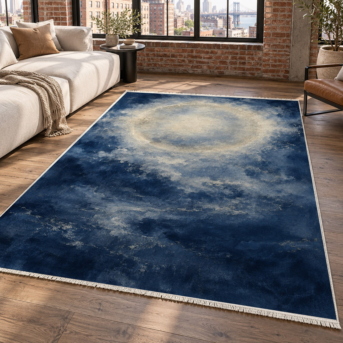 Solar Halo Indigo Abstract Washable Rug — new york living
