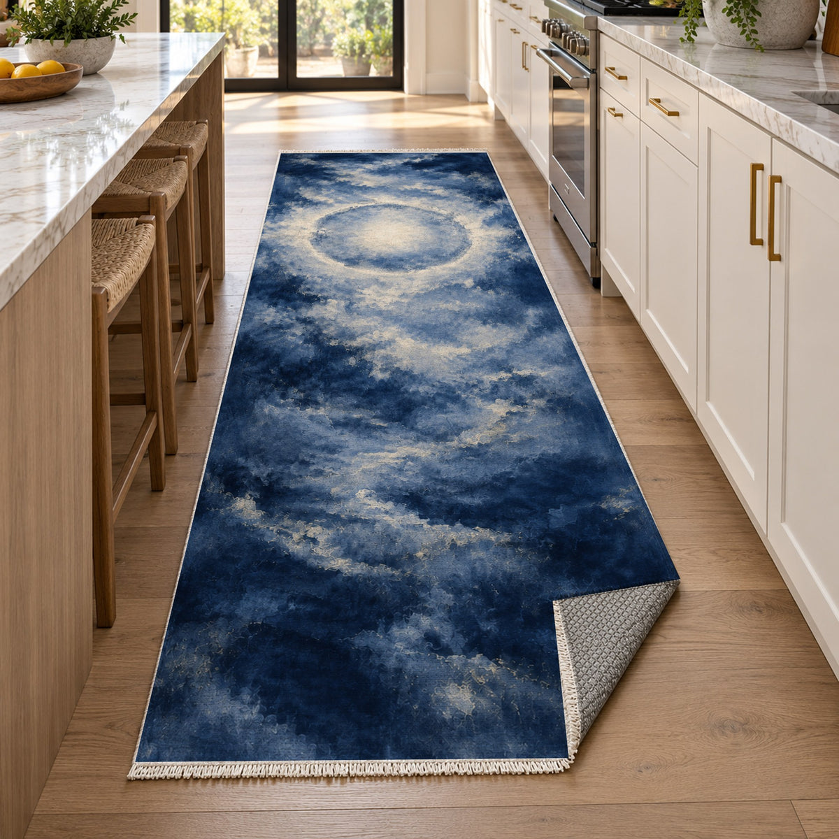 Solar Halo Indigo Abstract Washable Rug — new york kitchen runner