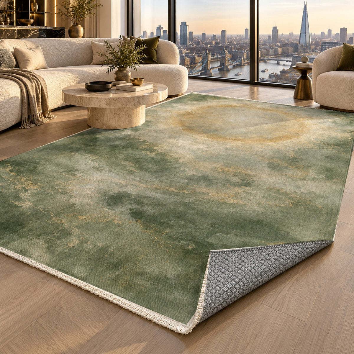 Solar Halo Sage Abstract Washable Rug — london luxury living