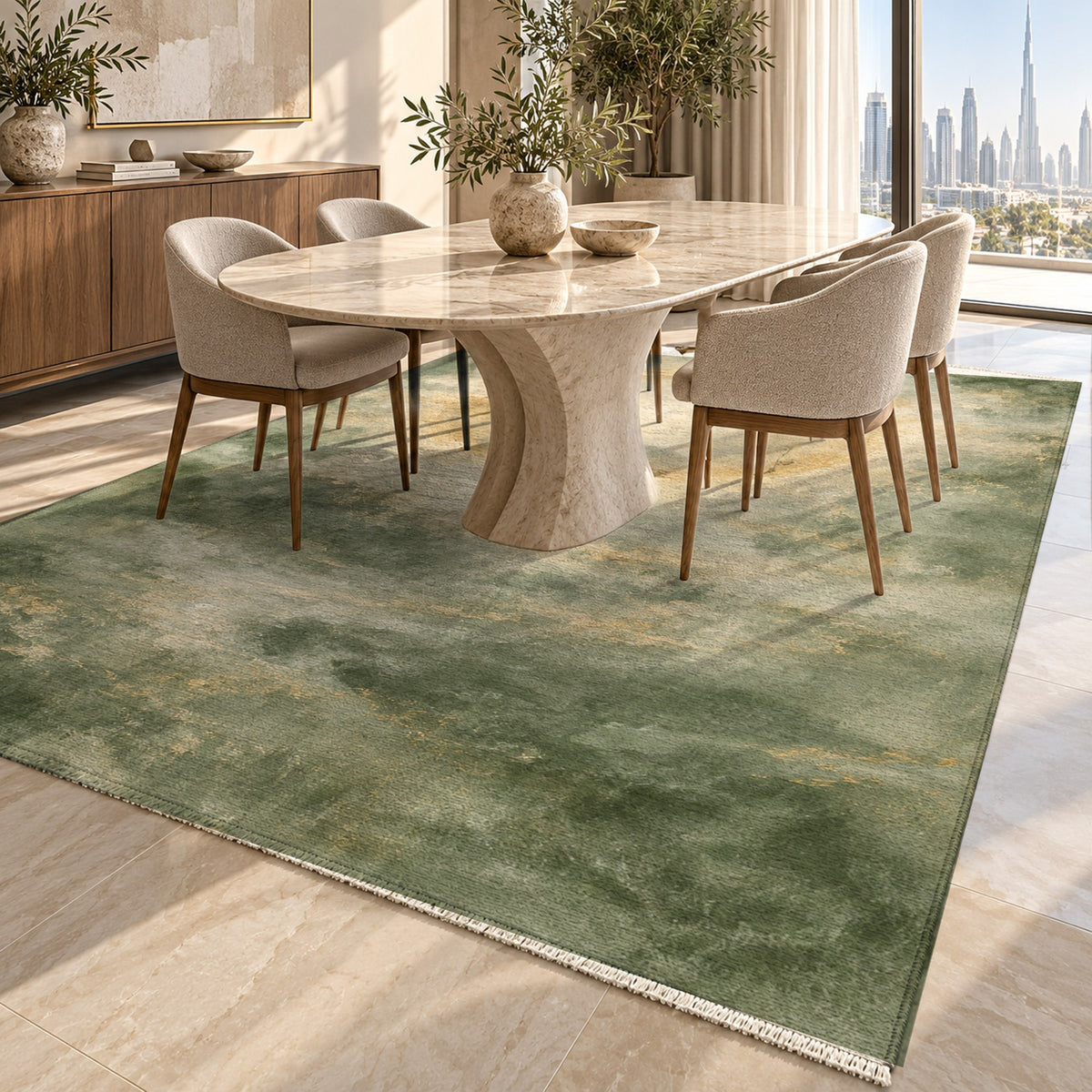Solar Halo Sage Abstract Washable Rug — dubai dining