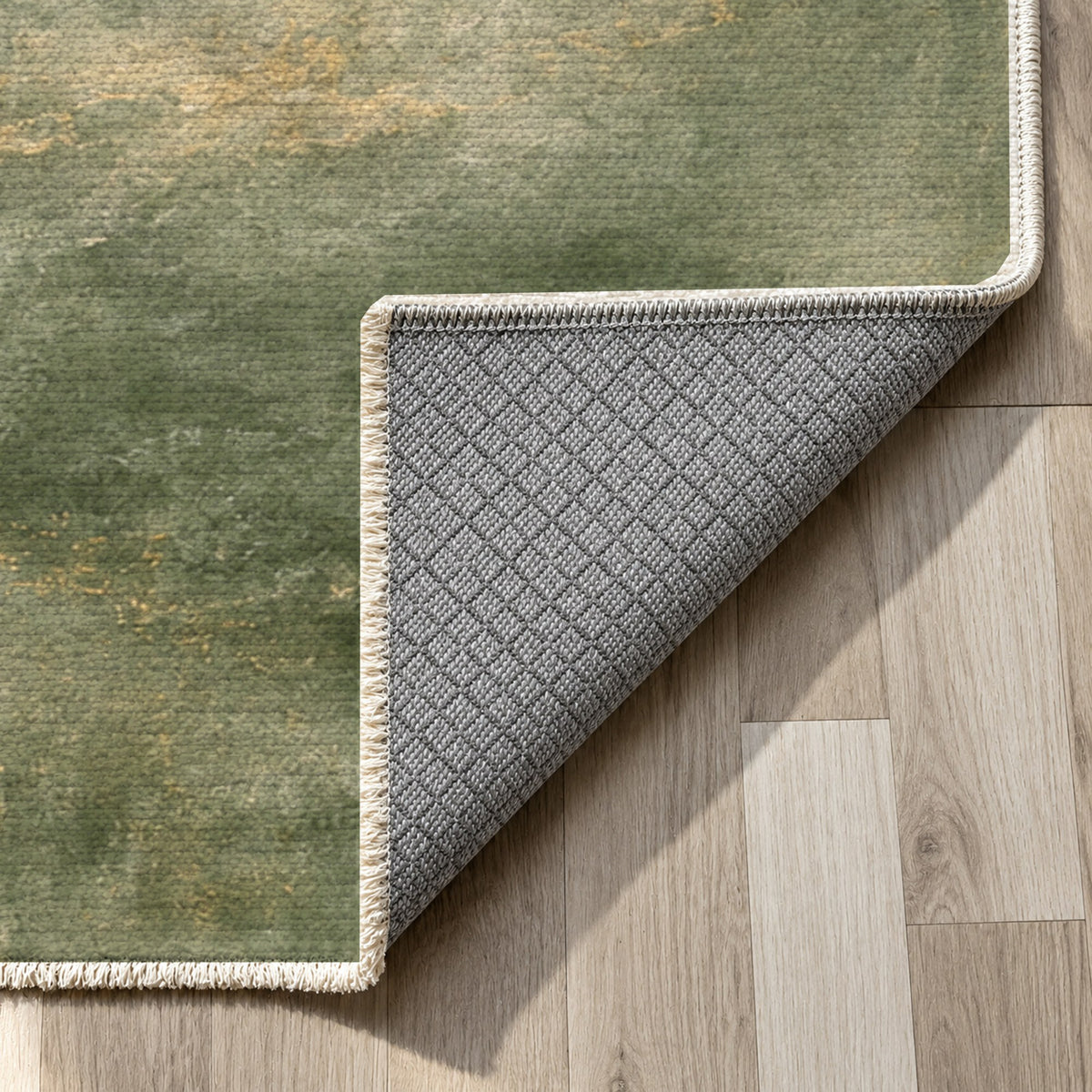 Solar Halo Sage Abstract Washable Rug — backing close up