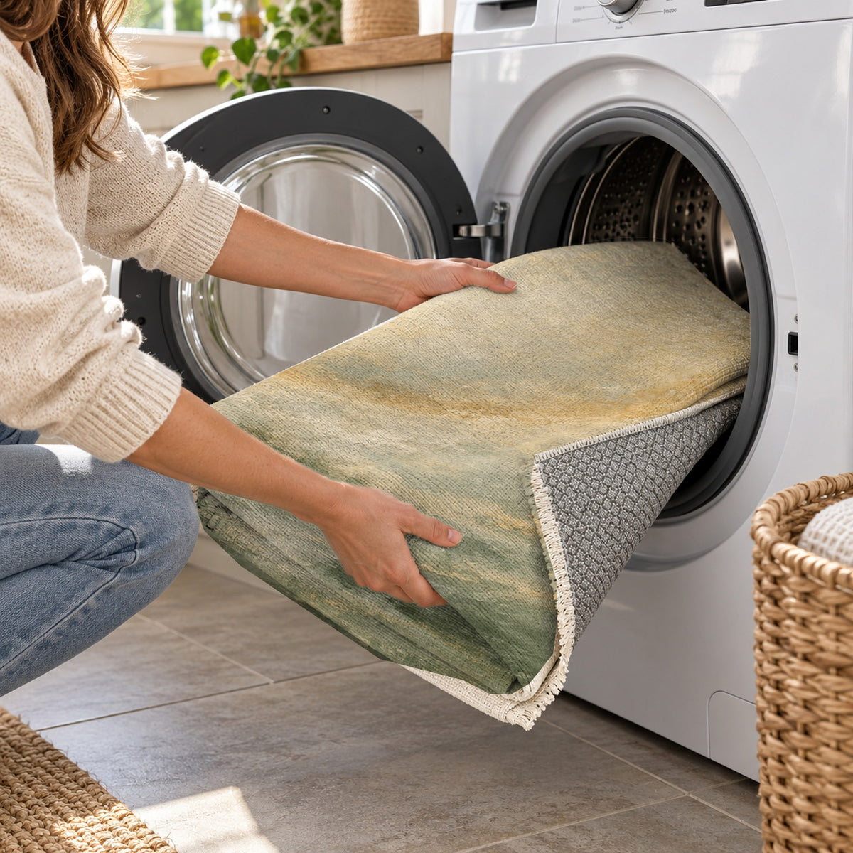 Solar Halo Sage Abstract Washable Rug — washing machine