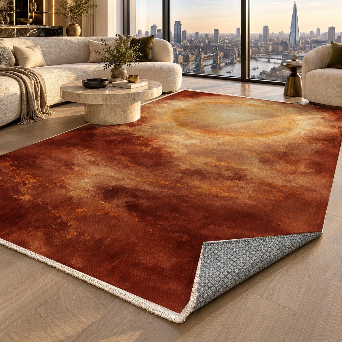 Solar Halo Terracotta Abstract Washable Rug — london luxury living