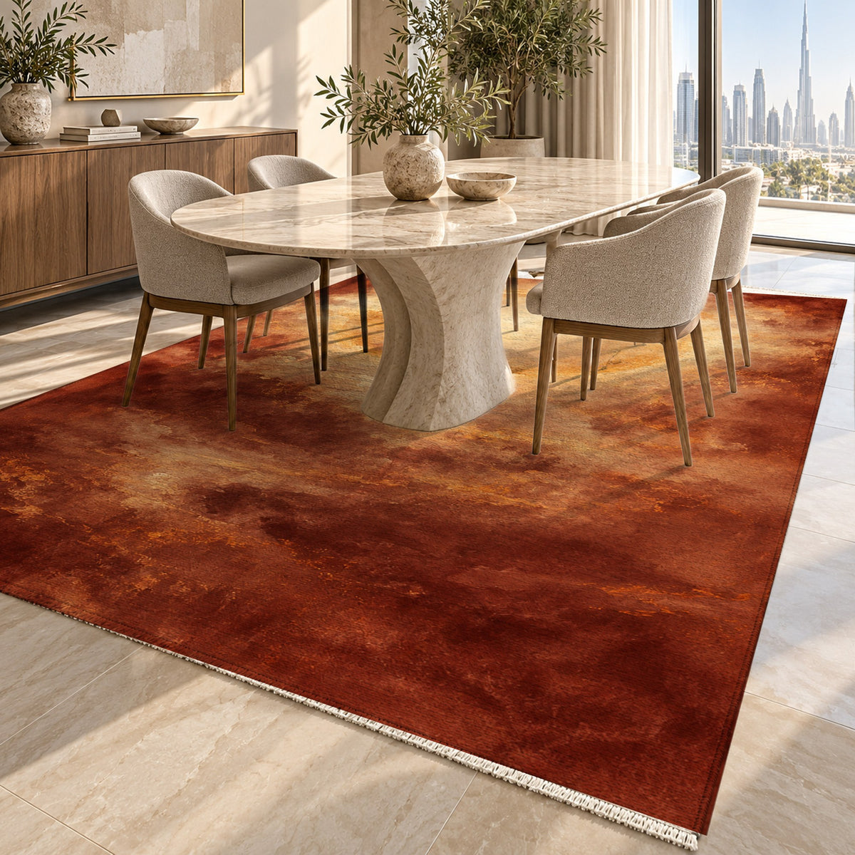 Solar Halo Terracotta Abstract Washable Rug — dubai dining