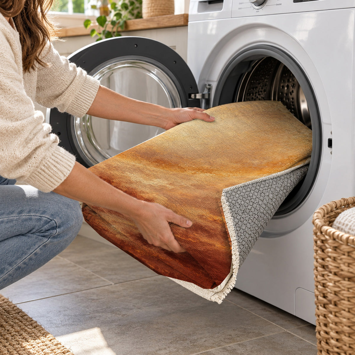 Solar Halo Terracotta Abstract Washable Rug — washing machine