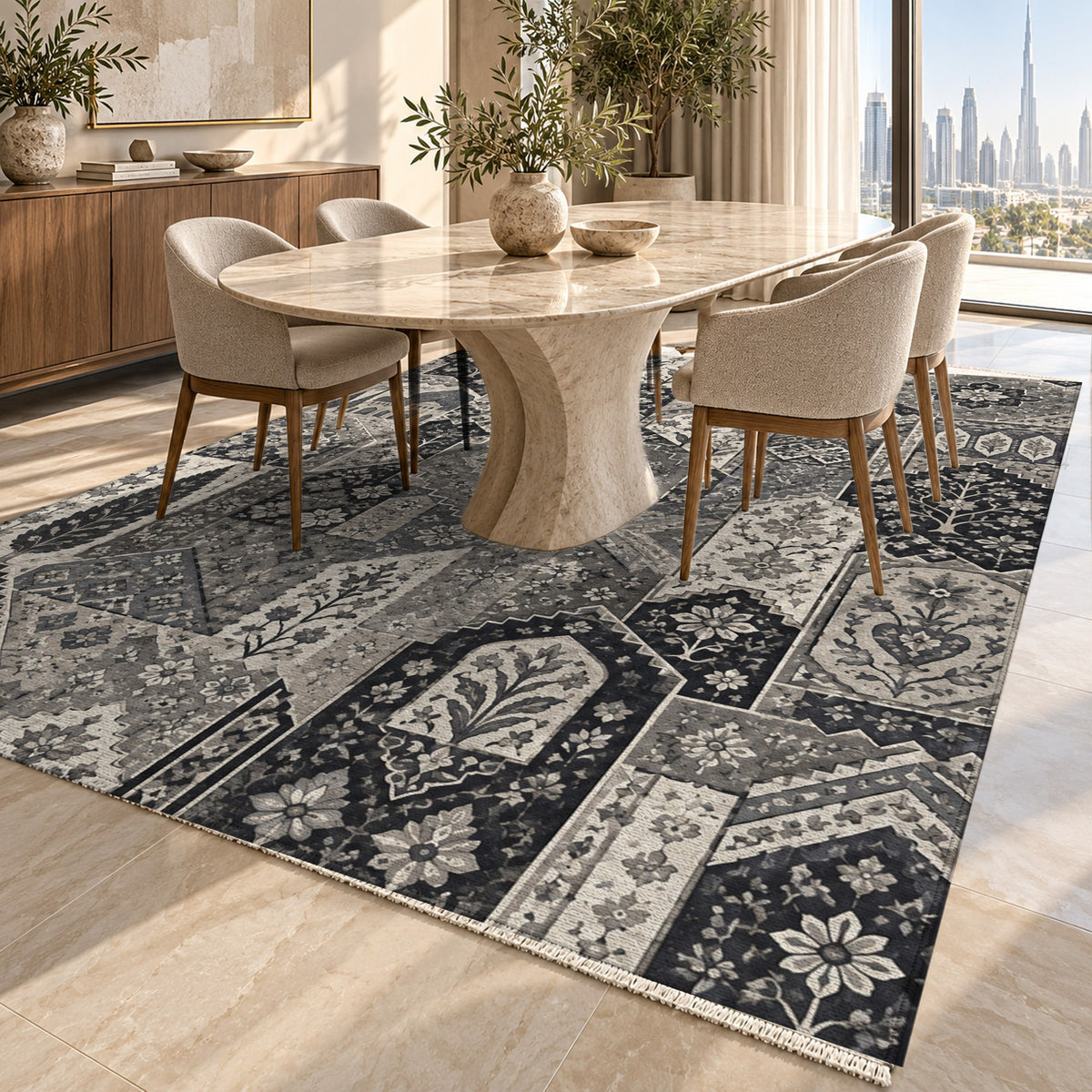 Spice Market Charcoal Ethnic Washable Rug — dubai dining