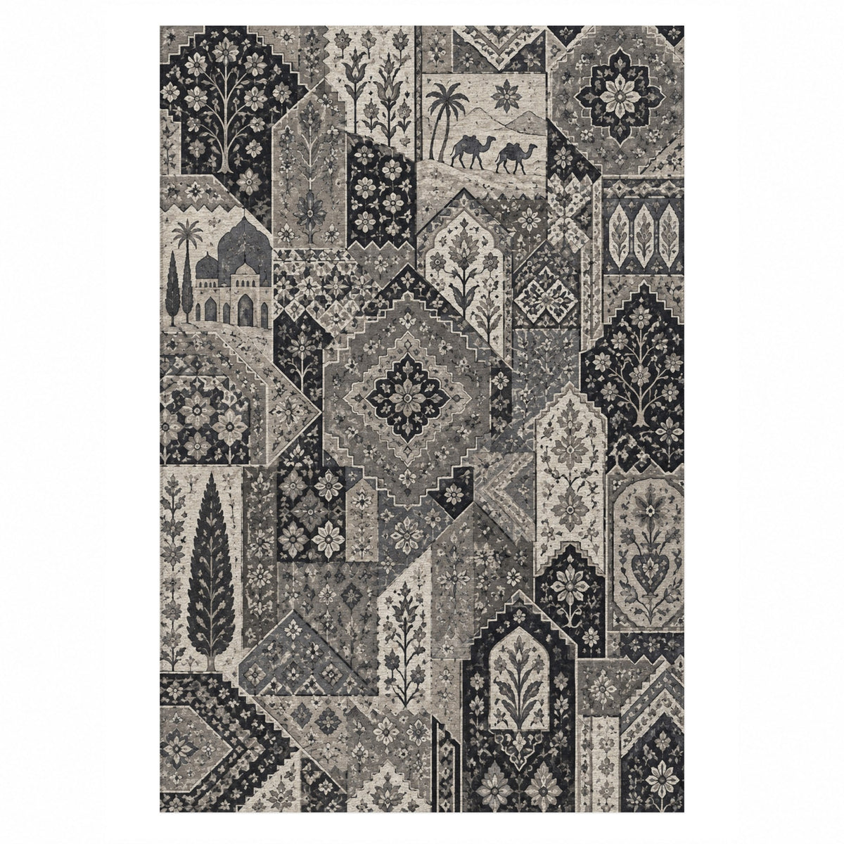 Spice Market Charcoal Ethnic Washable Rug — top view