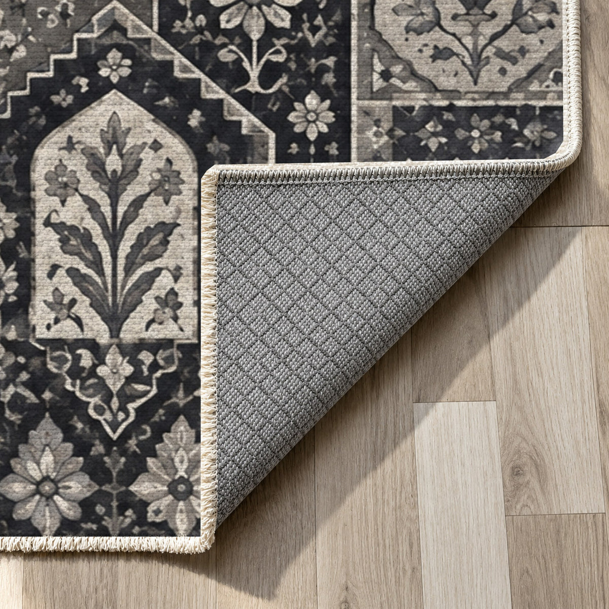 Spice Market Charcoal Ethnic Washable Rug — backing close up