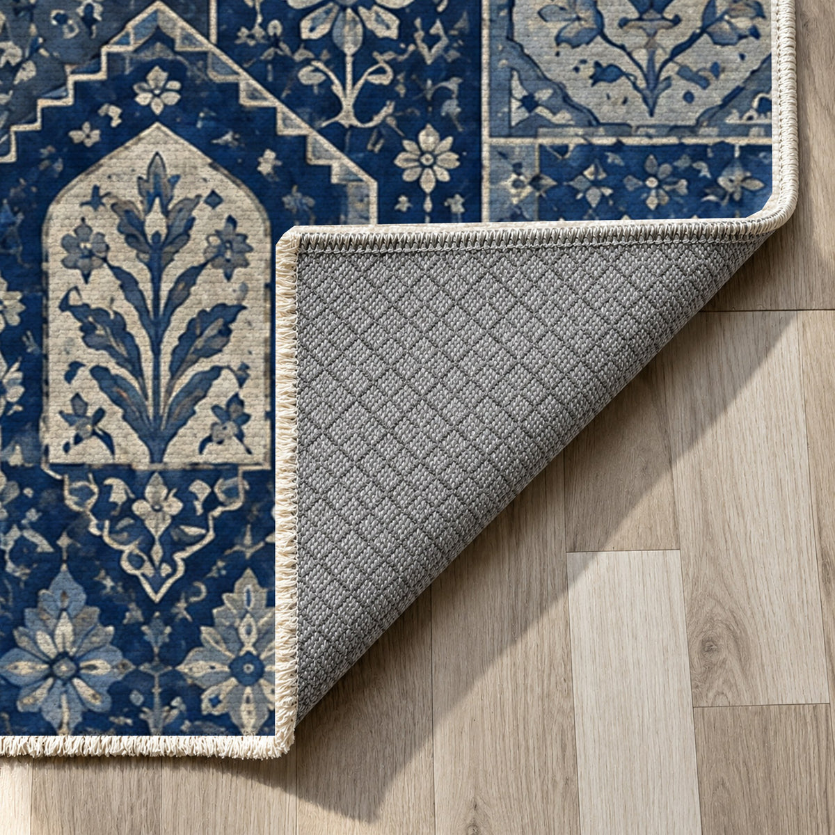 Spice Market Indigo Ethnic Washable Rug — backing close up