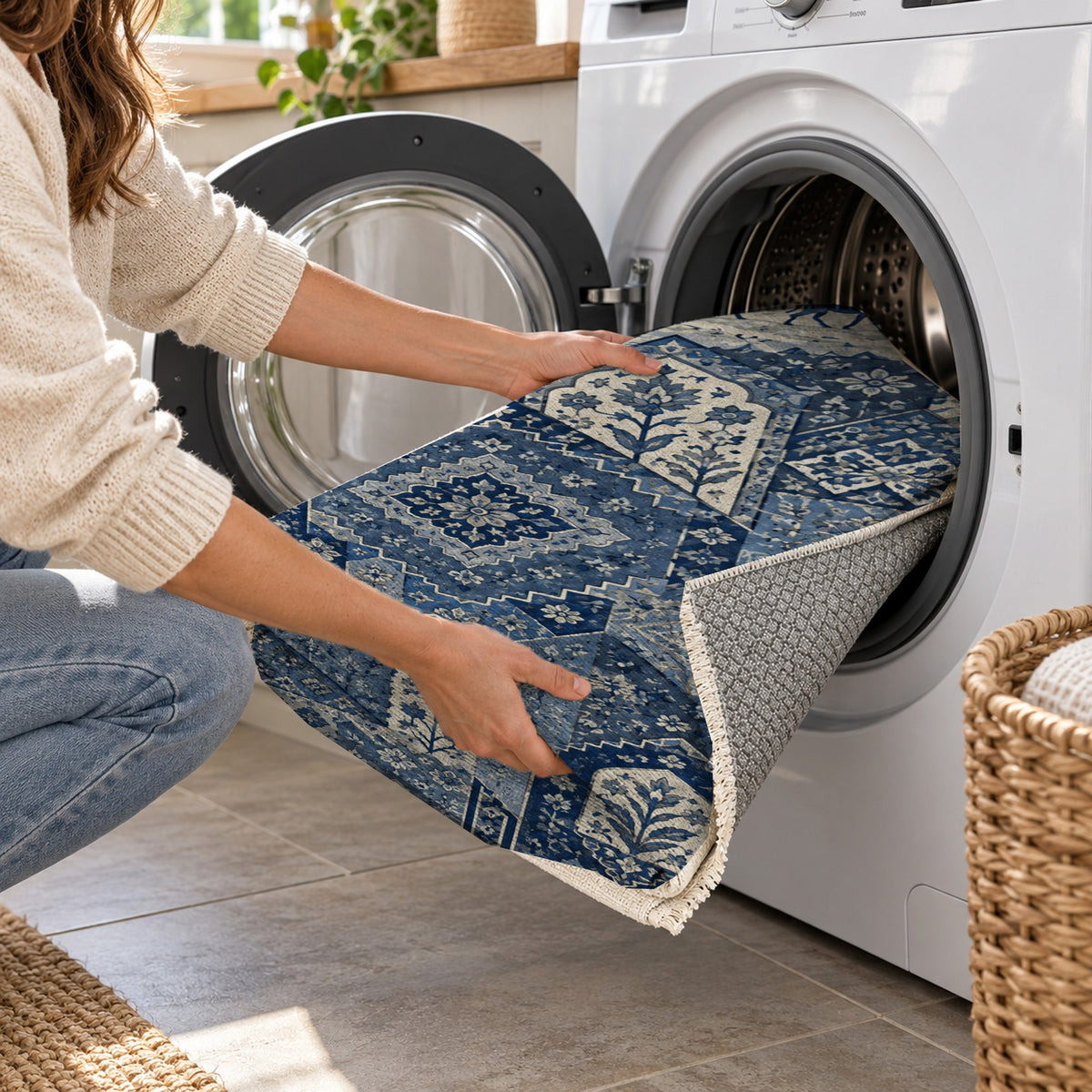 Spice Market Indigo Ethnic Washable Rug — washing machine