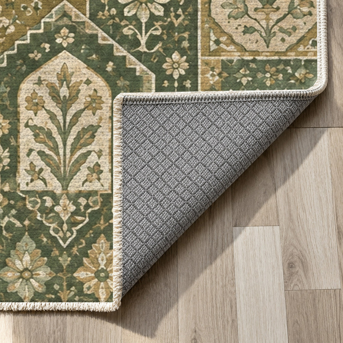 Spice Market Sage Ethnic Washable Rug — backing close up
