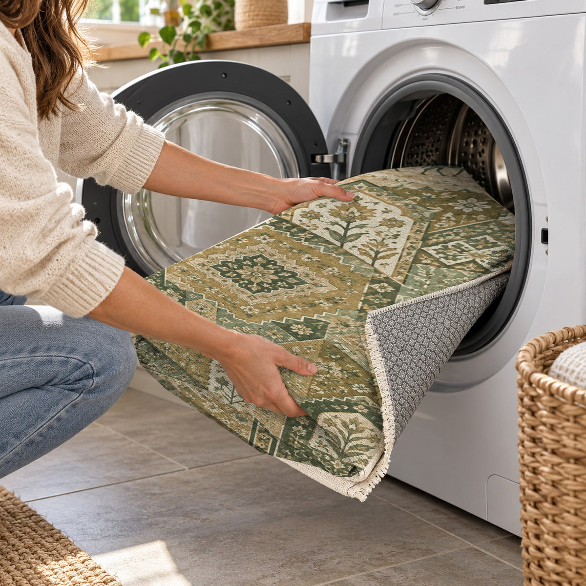 Spice Market Sage Ethnic Washable Rug — washing machine