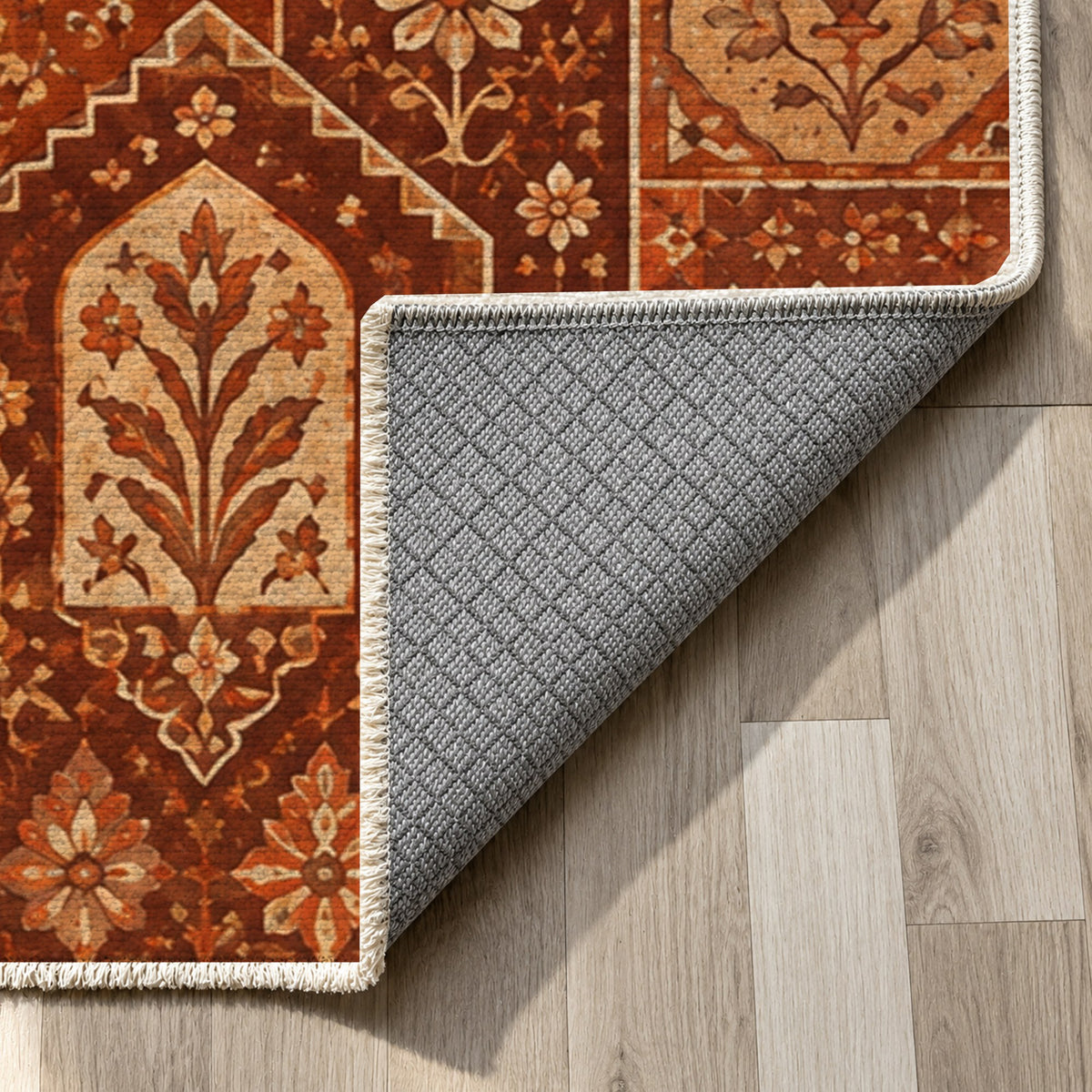 Spice Market Terracotta Ethnic Washable Rug — backing close up