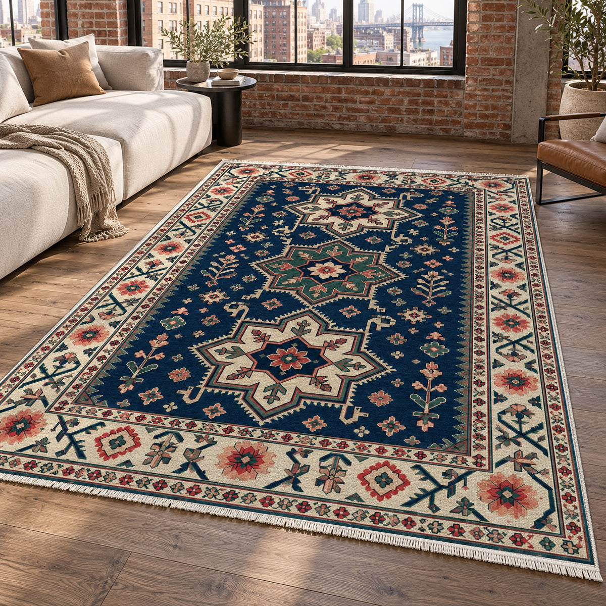 Star Procession Indigo Rose Ethnic Washable Rug — new york living