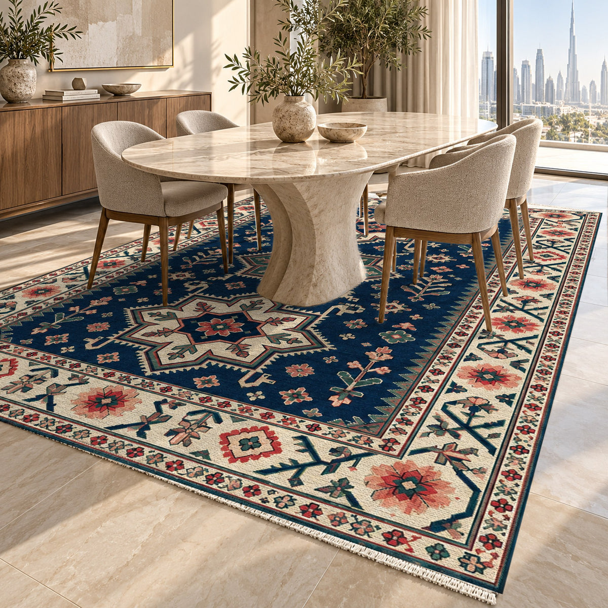 Star Procession Indigo Rose Ethnic Washable Rug — dubai dining