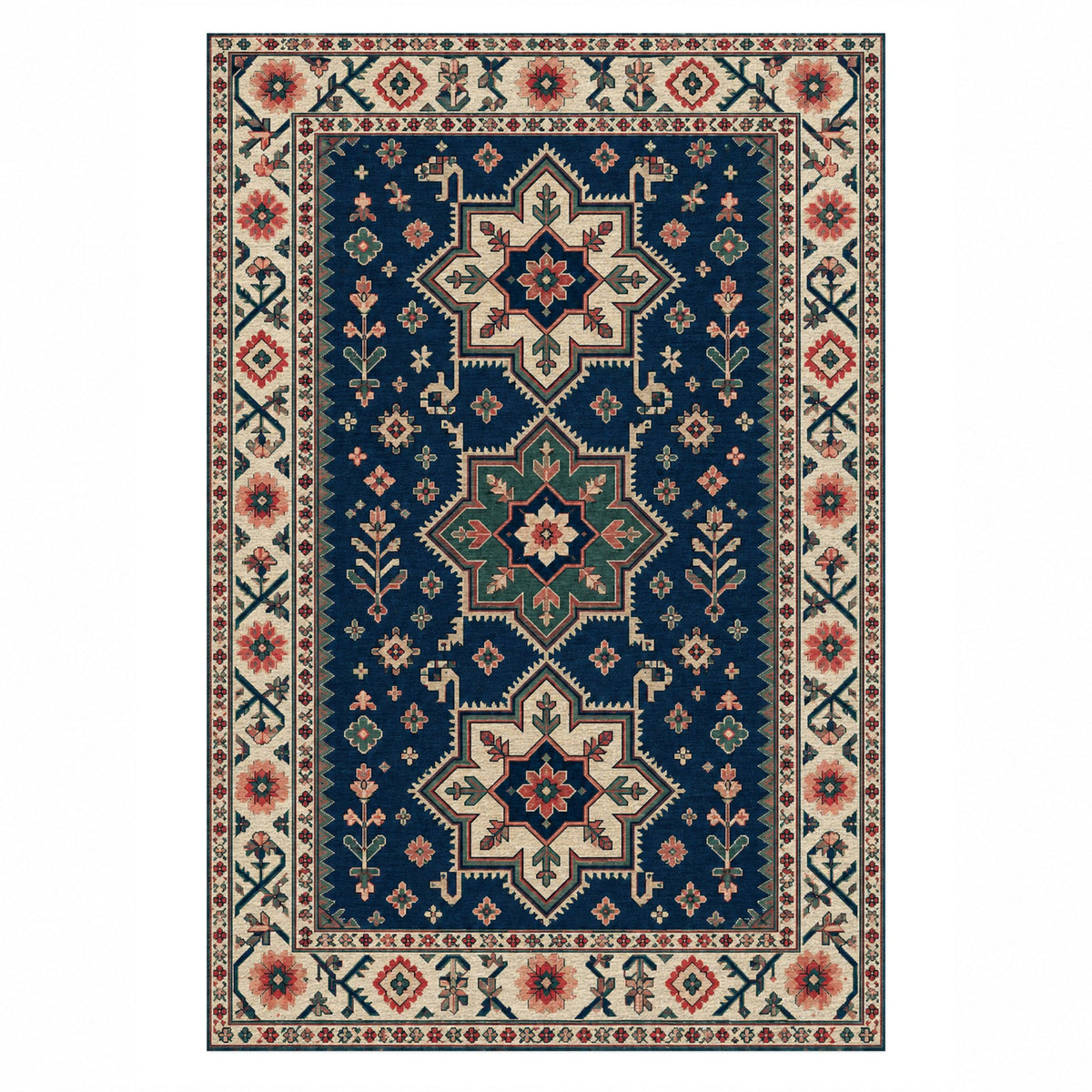 Star Procession Indigo Rose Ethnic Washable Rug — top view