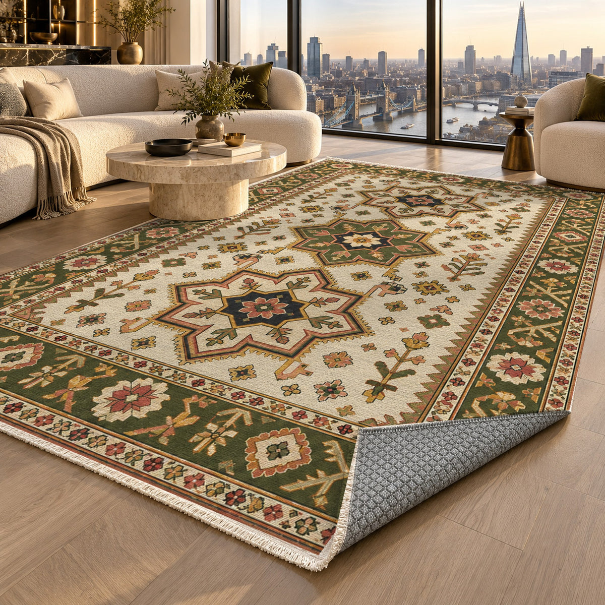 Star Procession Ivory Olive Ethnic Washable Rug — london luxury living
