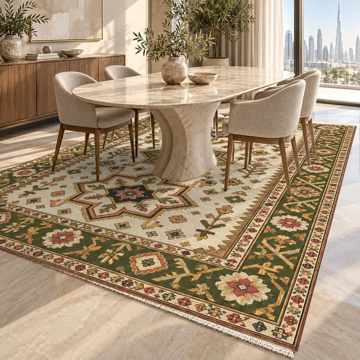 Star Procession Ivory Olive Ethnic Washable Rug — dubai dining
