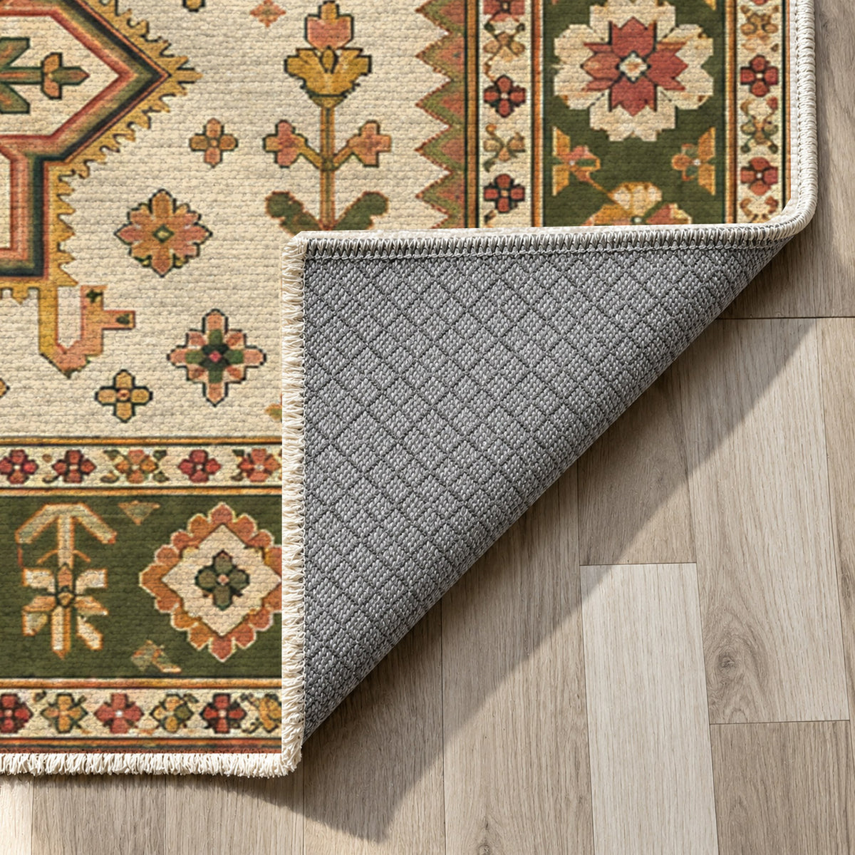 Star Procession Ivory Olive Ethnic Washable Rug — backing close up