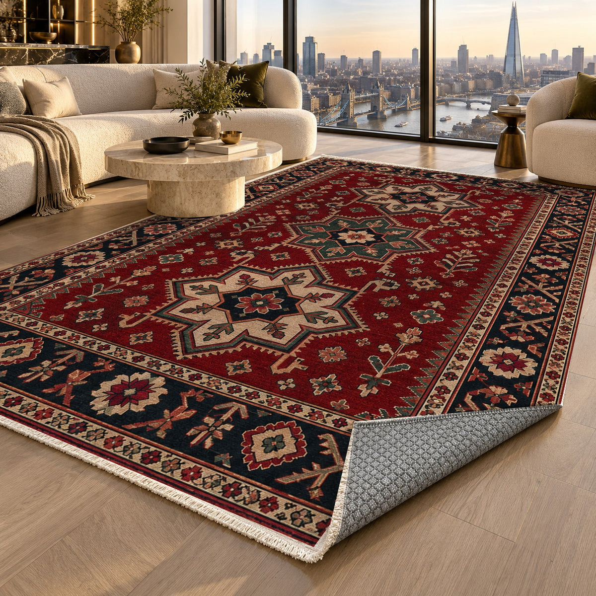 Star Procession Ruby Midnight Ethnic Washable Rug — london luxury living