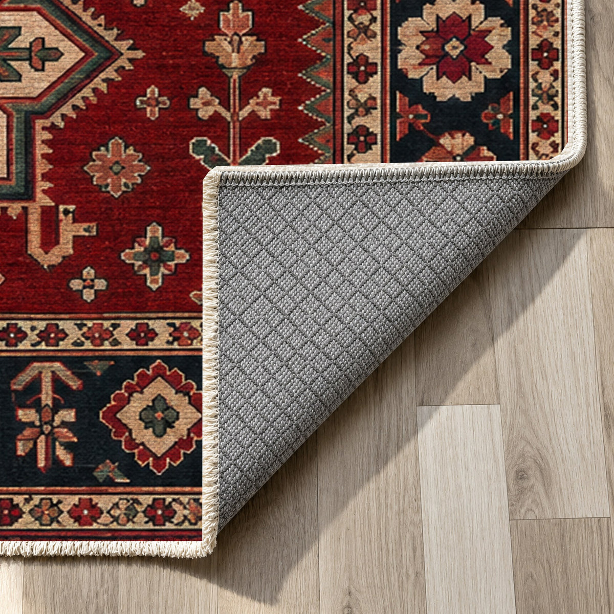 Star Procession Ruby Midnight Ethnic Washable Rug — backing close up
