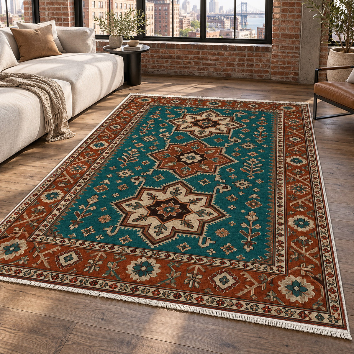 Star Procession Turquoise Copper Ethnic Washable Rug — new york living