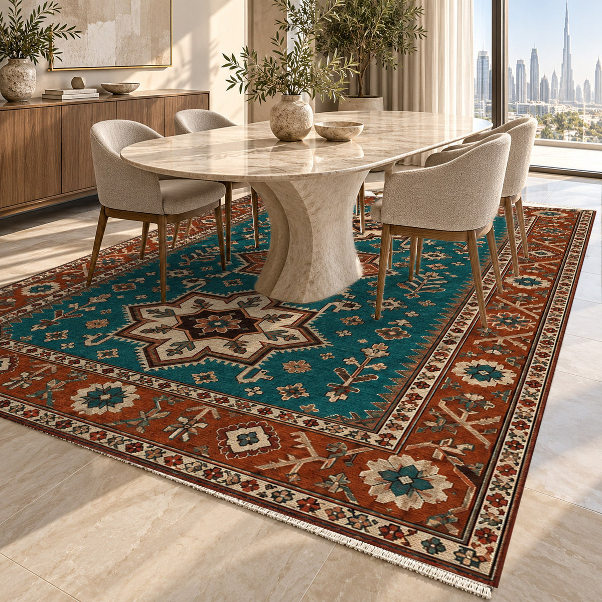 Star Procession Turquoise Copper Ethnic Washable Rug — dubai dining